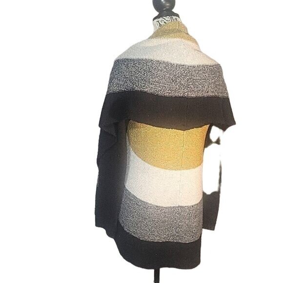 Chicos Womens Striped Open Front Knit Cardigan Wrap Shawl Gold Black White Gray - Picture 1 of 6